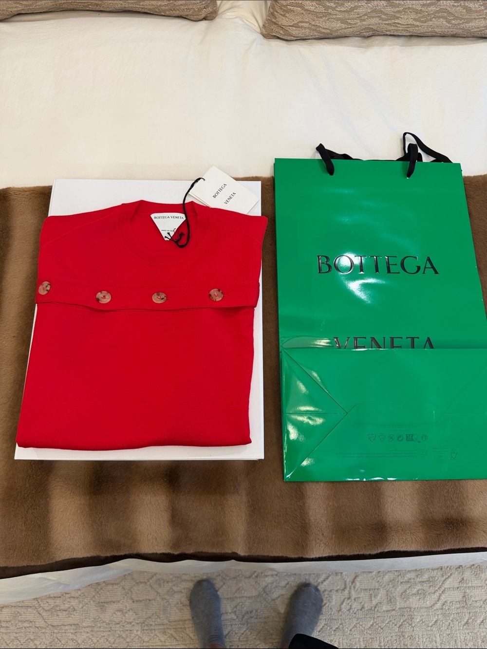 Bottega Veneta Red Crewneck Sweater & Button Detail With Box & Bag